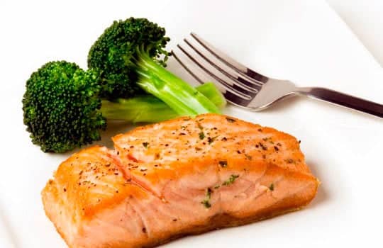 Seared salmon with braised broccoli – serves four