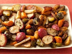 ROASTED POTATOES, CARROTS, PARSNIPS AND BRUSSELS SPROUTS